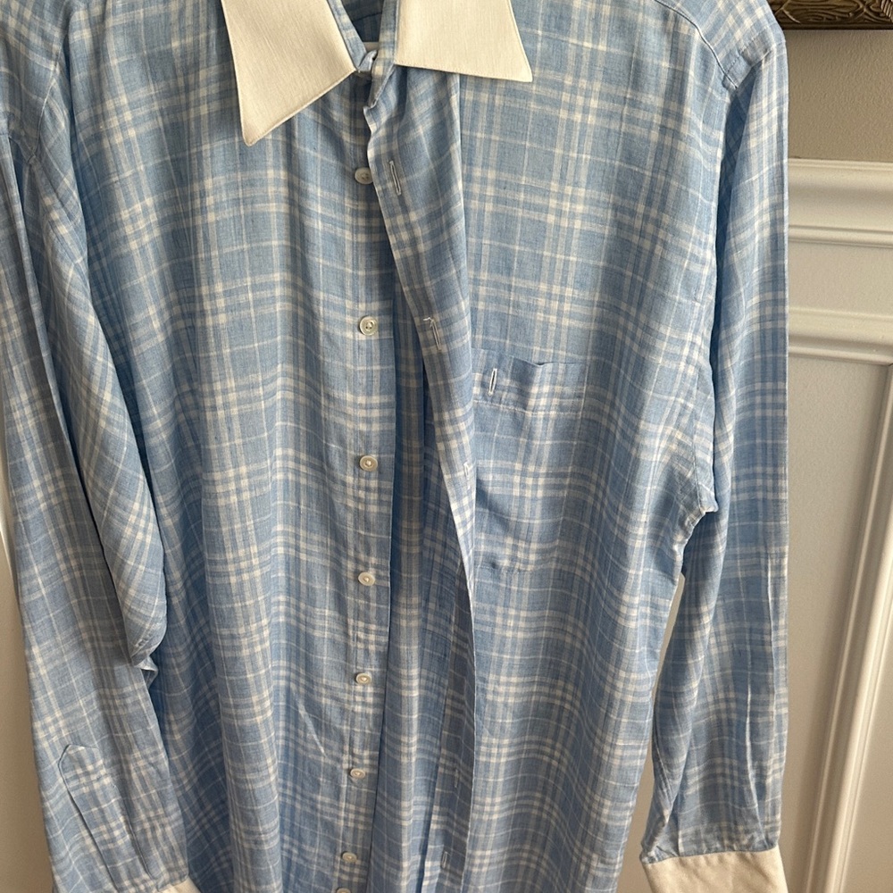 Men's Light Blue Plaid Dress Shirt with Contrast Collar